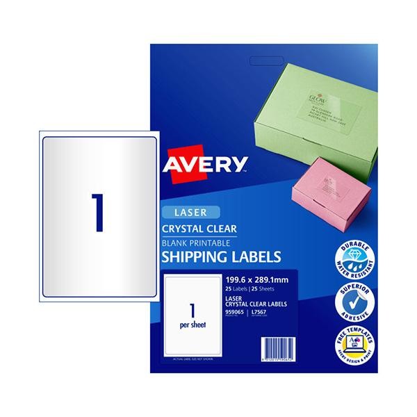 LABEL AVERY LASER L7567 SHIPPING CLEAR 1UP 199.6X289.1 PK25