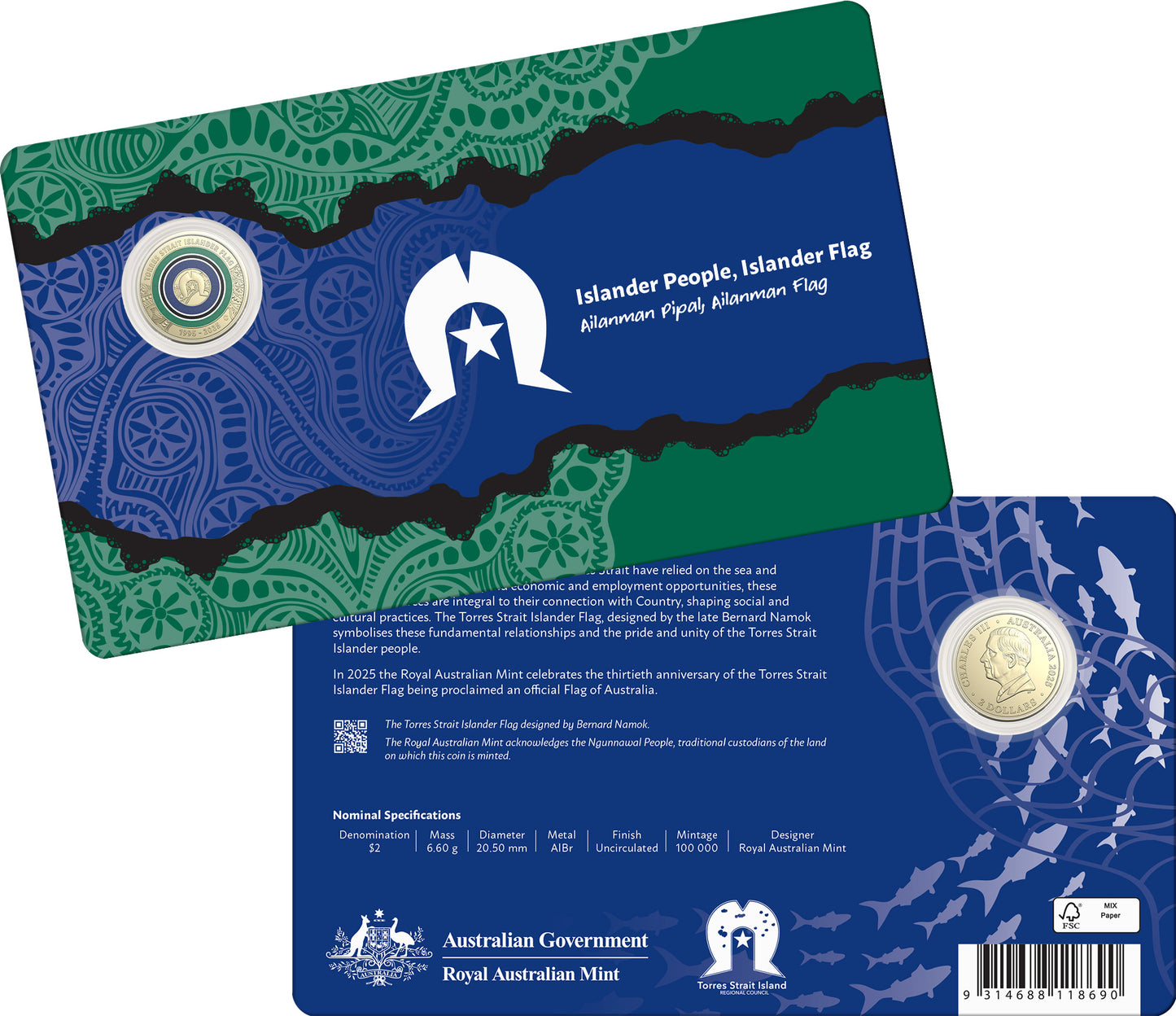 30th Anniversary of the Torres Strait Islander Flag 2025 $2 'C' Mintmark Coloured Uncirculated Coin