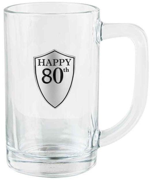 80TH BEER MUG WITH HANDLE PEWTER LOOK BADGE 16cm