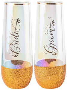 BRIDE & GROOM STEMLESS CHAMPAGNE GLASS SET
