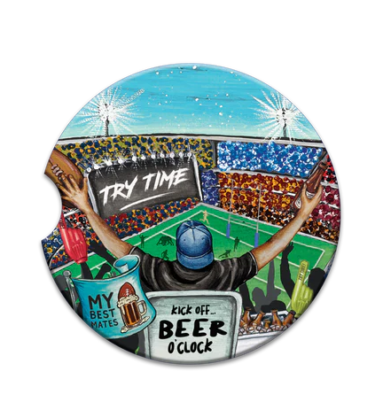 CERAMIC CAR COASTER 6.5CM ROUND NRL TRY TIME