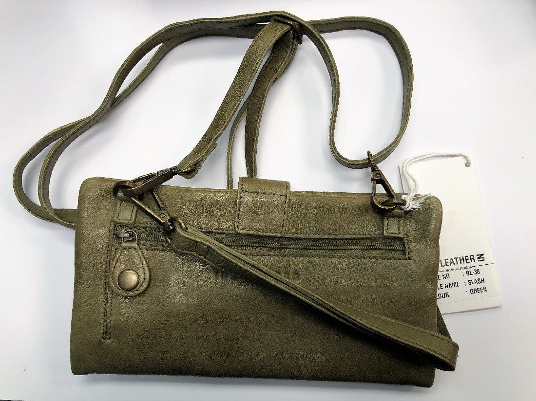 SLASH LEATHER WALLET CLUTCH & CROSS BODY BAG GREEN [CLR:GREEN]