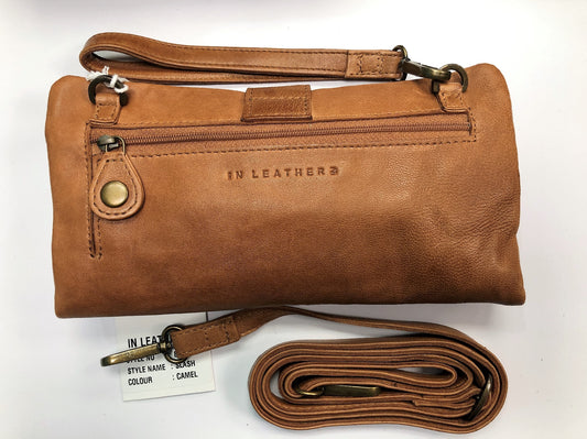 SLASH LEATHER WALLET CLUTCH & CROSS BODY BAG CAMEL [CLR:CAMEL]