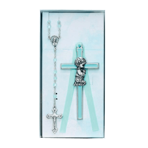 ROSARY & BABY CROSS SET SIL BLUE