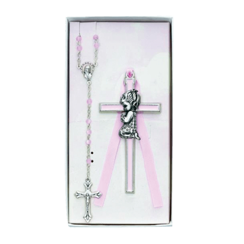 ROSARY & BABY CROSS SET SIL PINK