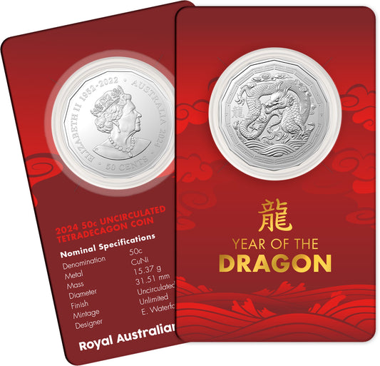 RAM YEAR OF THE DRAGON LUNAR CALENDAR  2024 50c CUNI COLOURED DECAGON UNC