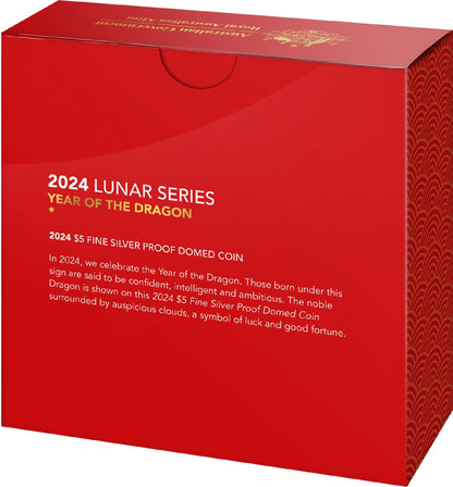 RAM YEAR OF THE DRAGON LUNAR CALENDAR  2024 $5 DOMED FINE SILVER PROOF COIN