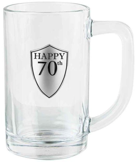 70TH BEER MUG WITH HANDLE PEWTER LOOK BADGE 16cm