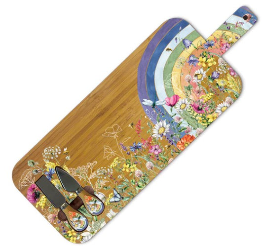 BAMBOO SERVING PLATTER WITH CHEESE KNIVES WILDFLOWER RAINBOW