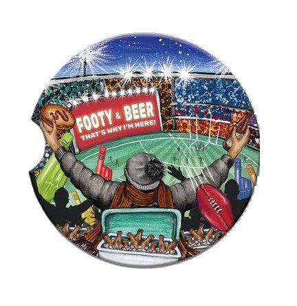 CERAMIC CAR COASTER 6.5CM ROUND AFL FOOTY AND BEER
