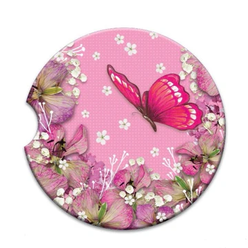 CERAMIC ABSORBENT CAR COASTER PINK PETALS BUTTERFLY