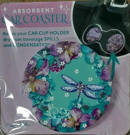 CERAMIC ABSORBENT CAR COASTER AQUA PETALS DRAGONFLY