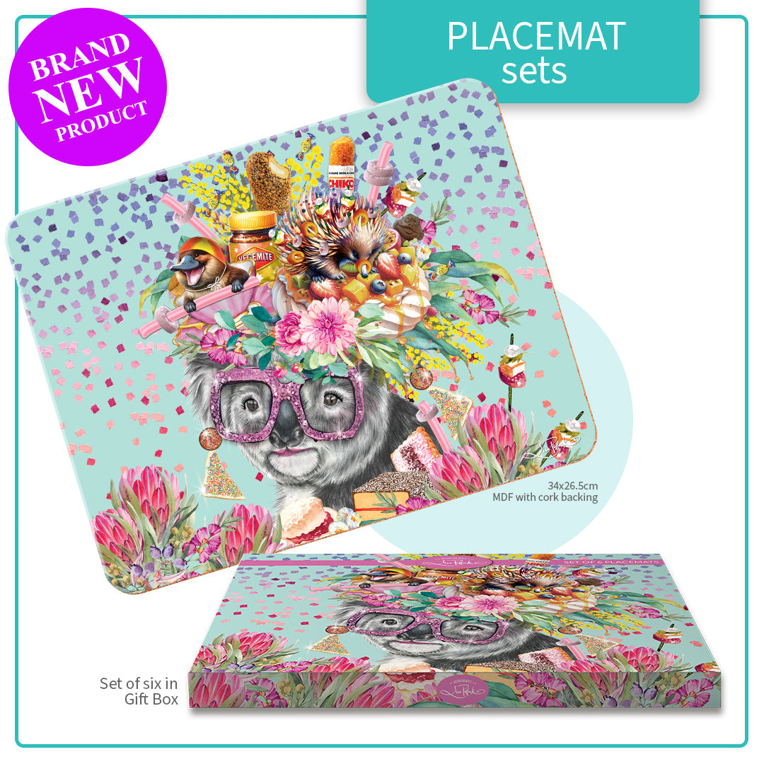 PLACEMATS SET OF 6 IN GIFT BOX MDF & CORK OZ FOODIE KOALA