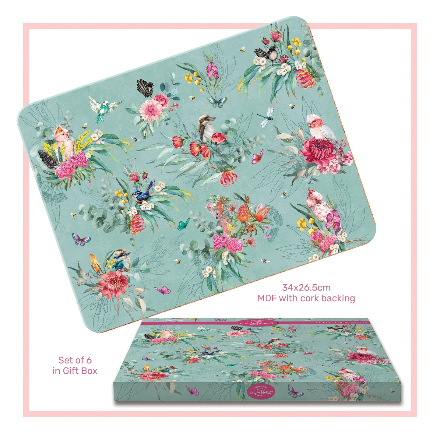 PLACEMATS SET OF 6 IN GIFT BOX MDF & CORK FLAURA FAUNA