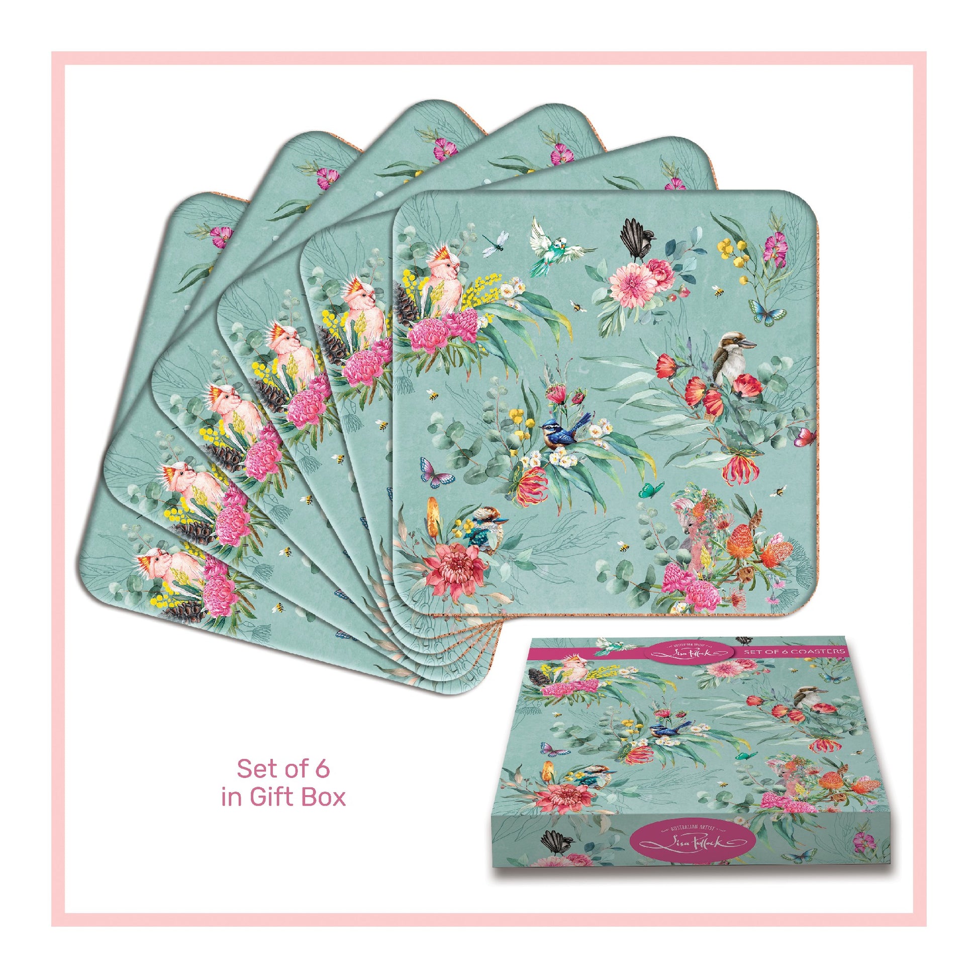 COASTERS SET OF 6 IN GIFT BOX CORK & MDF 10X10CM NATIVE FLORA & FAUNA