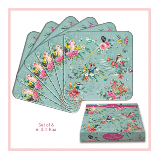 COASTERS SET OF 6 IN GIFT BOX CORK & MDF 10X10CM NATIVE FLORA & FAUNA