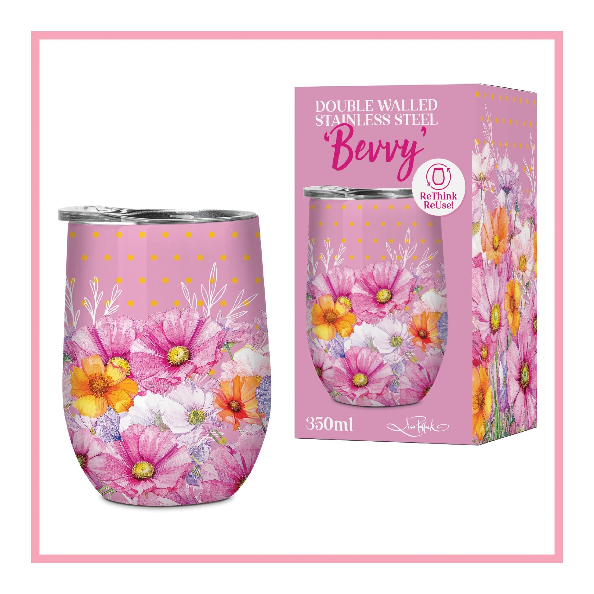 DBL WALLED STAINLESS STEEL BEVVY 350ml - WILDFLOWERS