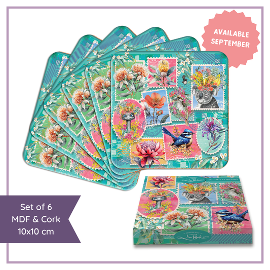 COASTERS SET OF 6 IN GIFT BOX CORK & MDF 10X10CM PRETTY POSTAGE