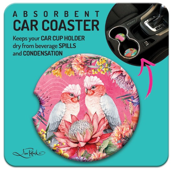 CERAMIC ABSORBENT CAR COASTER PRETTY PINK GALAHS